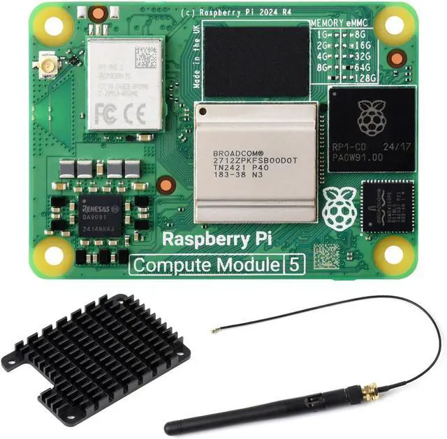 Main image of CM5 Pi Compute Module 5,Comes with an Official Raspberry Pi CM5116064 (with Wireless, 16GB RAM, 64GB eMMC Flash), an Antenna Kit and a HEATSINK. (3 Items)