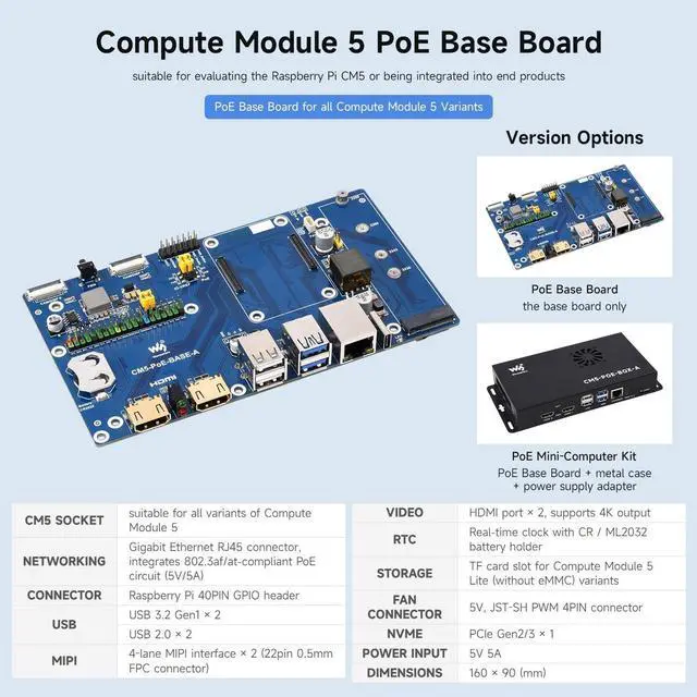 Alt view image 3 of 7 - waveshare Compute Module 5 IO Board, Compatible with All Variants of Raspberry Pi CM5, with PoE Feature, Single Board Only