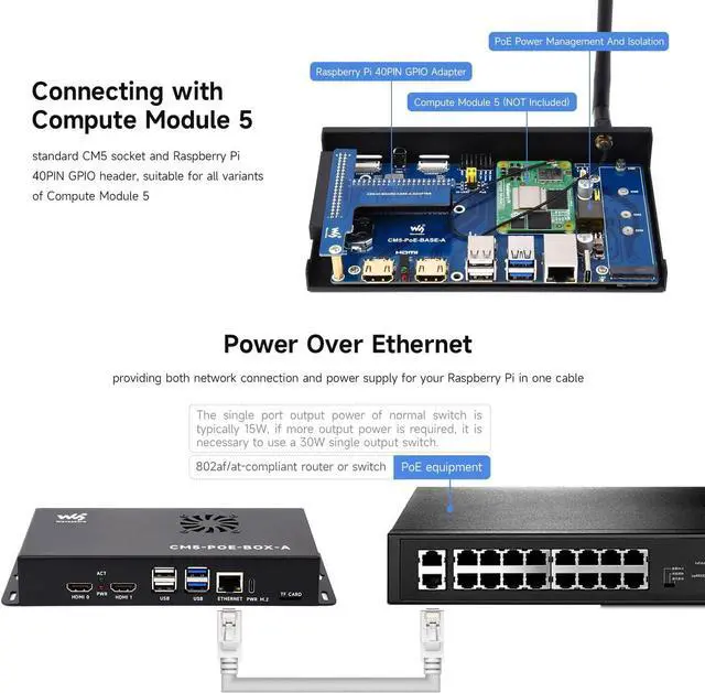Alt view image 4 of 7 - waveshare Compute Module 5 IO Board, Compatible with All Variants of Raspberry Pi CM5, with PoE Feature, Single Board Only
