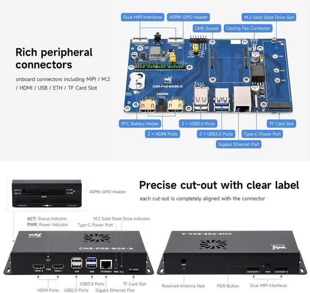 Alt view image 5 of 7 - waveshare Compute Module 5 IO Board, Compatible with All Variants of Raspberry Pi CM5, with PoE Feature, Single Board Only