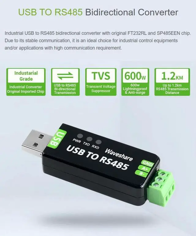 Alt view image 2 of 7 - 2PCS Waveshare Industrial USB to RS485 Converter with Original FT232RL and SP485EEN Embedded Protection Circuits for Industrial Control Equipments and/or Applications
