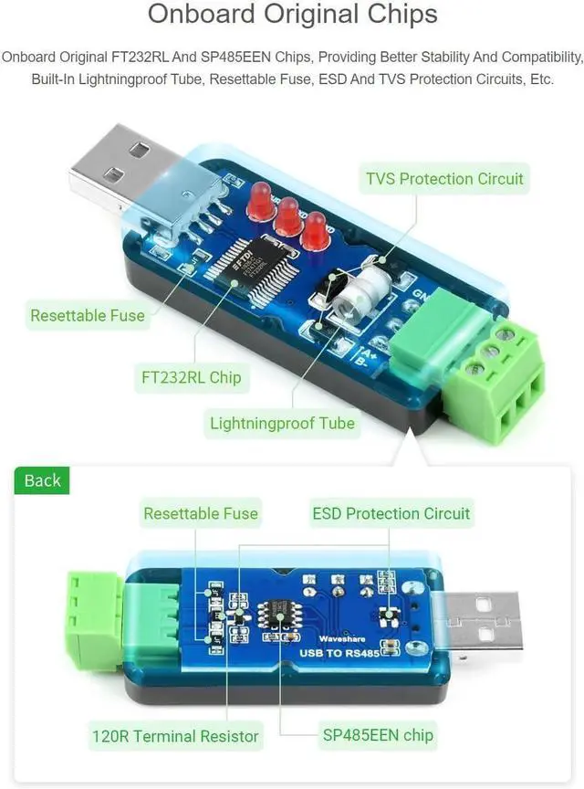 Alt view image 5 of 7 - 2PCS Waveshare Industrial USB to RS485 Converter with Original FT232RL and SP485EEN Embedded Protection Circuits for Industrial Control Equipments and/or Applications