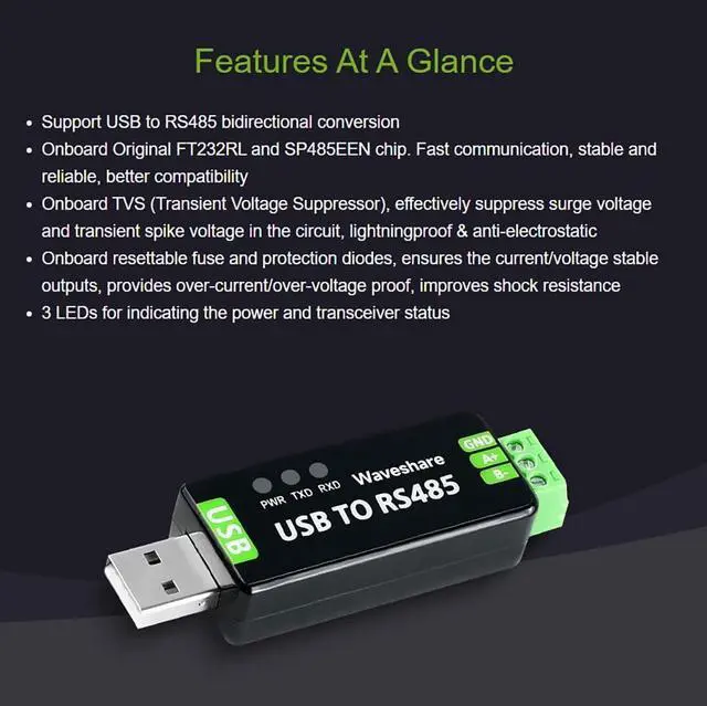 Alt view image 3 of 7 - 2PCS Waveshare Industrial USB to RS485 Converter with Original FT232RL and SP485EEN Embedded Protection Circuits for Industrial Control Equipments and/or Applications