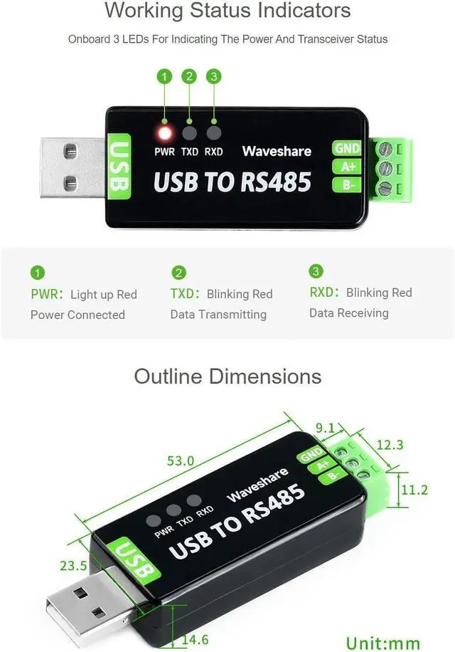 Alt view image 7 of 7 - 2PCS Waveshare Industrial USB to RS485 Converter with Original FT232RL and SP485EEN Embedded Protection Circuits for Industrial Control Equipments and/or Applications