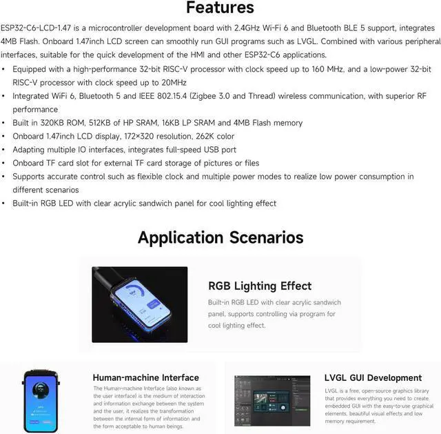 Alt view image 4 of 7 - Waveshare ESP32-C6 1.47inch Display Development Board, 172×320, 262K Color, 160MHz Running Frequency Single-Core Processor, Supports Wi-Fi 6 & BLE, with Colorful RGB LED, ESP32 with Display