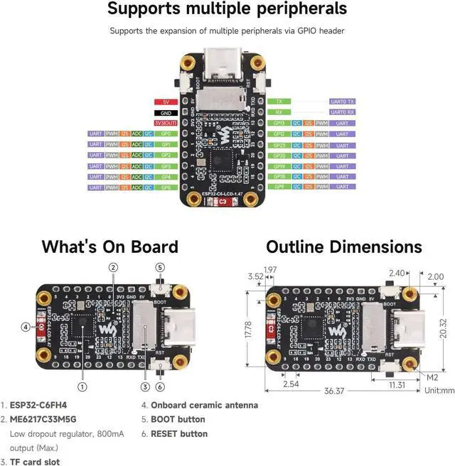 Alt view image 6 of 7 - Waveshare ESP32-C6 1.47inch Display Development Board, 172×320, 262K Color, 160MHz Running Frequency Single-Core Processor, Supports Wi-Fi 6 & BLE, with Colorful RGB LED, ESP32 with Display