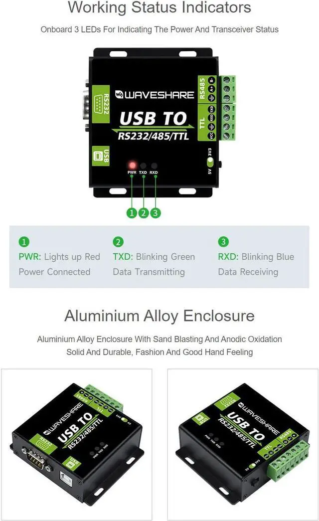 Alt view image 5 of 7 - Waveshare USB to RS232 / RS485 / TTL Industrial Isolated Converter with Original FT232RL Embedded Protection Circuits and Aluminium Alloy Enclosure for Industrial Control Equipments