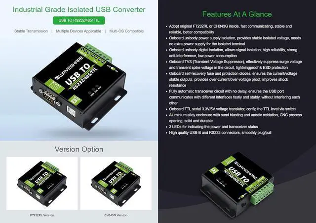 Alt view image 2 of 7 - Waveshare USB to RS232 / RS485 / TTL Industrial Isolated Converter with Original FT232RL Embedded Protection Circuits and Aluminium Alloy Enclosure for Industrial Control Equipments