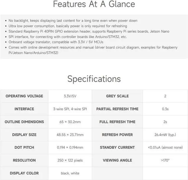 Alt view image 4 of 7 - waveshare 2.13inch E-Ink Display HAT V4 Version Compatible with Raspberry Pi Raspberry Pi 5/4B/3B/Zero/Zero W/Zero 2W/Pico/Pico W/Pico WH, 250x122 Resolution SPI Interface Supports Partial Refresh