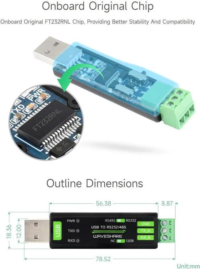 Alt view image 6 of 6 - Waveshare USB to RS232/485 Serial Converter, Onboard Original FT232RNL Chip, Features More Stable Transmission, Suitable for Multiple Devices, Compatible with Mac/Linux/Android/Win11/10/8.1/8/7, etc