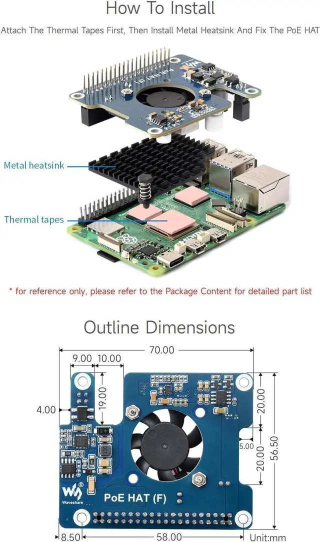Alt view image 7 of 7 - Waveshare PoE HAT (F) Compatible with Raspberry Pi 5, High Power, Onboard Cooling Fan, with Metal Heatsink, Supports 802.3af/at Network Standard