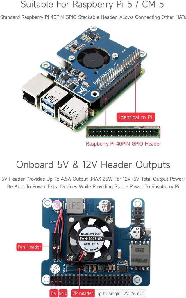 Alt view image 4 of 7 - Waveshare PoE HAT (F) Compatible with Raspberry Pi 5, High Power, Onboard Cooling Fan, with Metal Heatsink, Supports 802.3af/at Network Standard