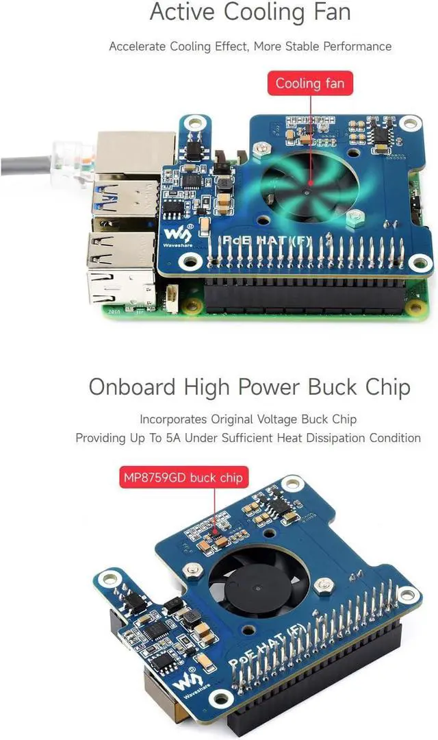 Alt view image 6 of 7 - Waveshare PoE HAT (F) Compatible with Raspberry Pi 5, High Power, Onboard Cooling Fan, with Metal Heatsink, Supports 802.3af/at Network Standard