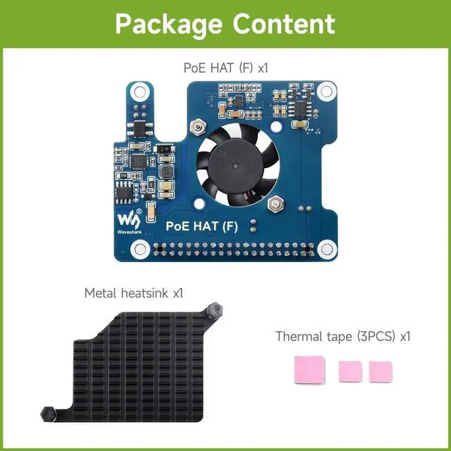 Alt view image 2 of 7 - Waveshare PoE HAT (F) Compatible with Raspberry Pi 5, High Power, Onboard Cooling Fan, with Metal Heatsink, Supports 802.3af/at Network Standard