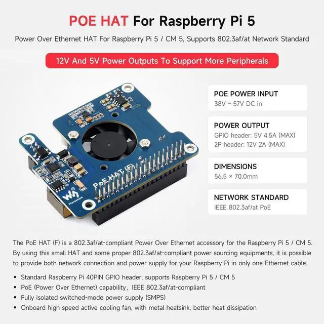 Alt view image 3 of 7 - Waveshare PoE HAT (F) Compatible with Raspberry Pi 5, High Power, Onboard Cooling Fan, with Metal Heatsink, Supports 802.3af/at Network Standard