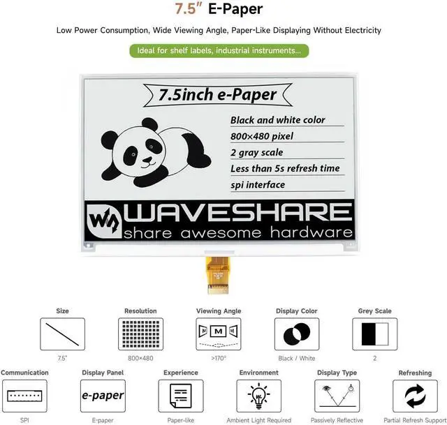 Alt view image 3 of 7 - waveshare 7.5inch E-Ink Raw Display Compatible with Raspberry Pi 5/4B/3B/Zero/Zero W/Zero 2W/Pico/Pico W/Pico WH 800×480 Resolution with SPI Interface Without PCB