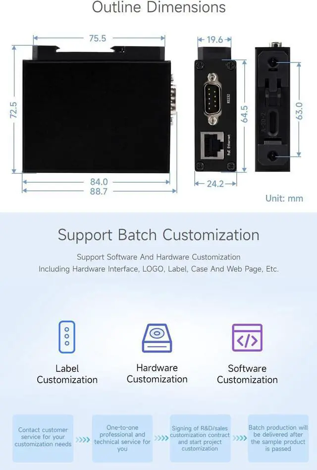 Alt view image 7 of 7 - Waveshare RS232/485/422 to RJ45 Ethernet Module, TCP/IP to Serial, with POE Function, Bi-Directional Transparent Transmission, Suitable for Data Acquisition, Intelligent Instrument Monitoring, etc