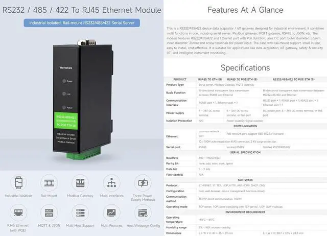 Alt view image 2 of 7 - Waveshare RS232/485/422 to RJ45 Ethernet Module, TCP/IP to Serial, with POE Function, Bi-Directional Transparent Transmission, Suitable for Data Acquisition, Intelligent Instrument Monitoring, etc