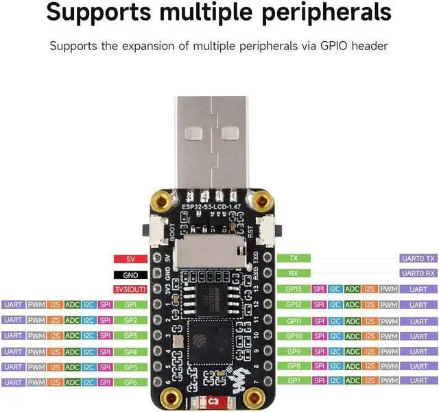 Alt view image 5 of 7 - ESP32-S3 1.47inch Display Development Board, Dual-core Processor Up to 240MHz Frequency, 172×320, 262K Color, Supports WiFi & BLE 5, with Colorful RGB LED, ESP32 with Display