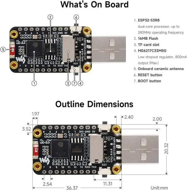 Alt view image 6 of 7 - ESP32-S3 1.47inch Display Development Board, Dual-core Processor Up to 240MHz Frequency, 172×320, 262K Color, Supports WiFi & BLE 5, with Colorful RGB LED, ESP32 with Display