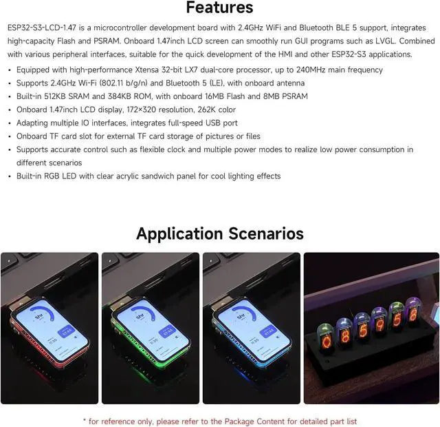 Alt view image 4 of 7 - ESP32-S3 1.47inch Display Development Board, Dual-core Processor Up to 240MHz Frequency, 172×320, 262K Color, Supports WiFi & BLE 5, with Colorful RGB LED, ESP32 with Display