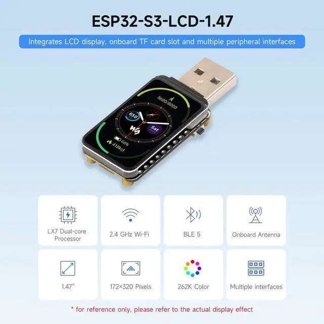 Alt view image 3 of 7 - ESP32-S3 1.47inch Display Development Board, Dual-core Processor Up to 240MHz Frequency, 172×320, 262K Color, Supports WiFi & BLE 5, with Colorful RGB LED, ESP32 with Display