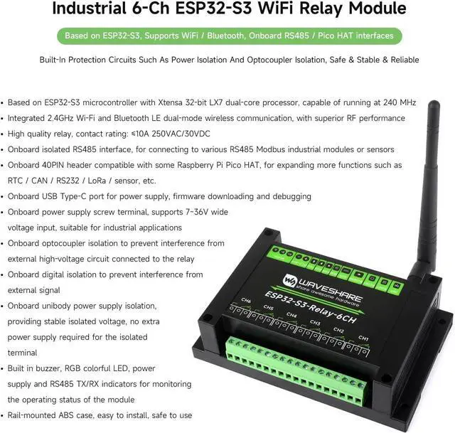 Alt view image 3 of 7 - Waveshare Industrial 6-Channel ESP32-S3 WiFi Relay Module, Supports WiFi/Bluetooth/RS485 Control, Onboard RS485 / Pico HAT Interfaces, with Multiple Isolation Protection Circuits