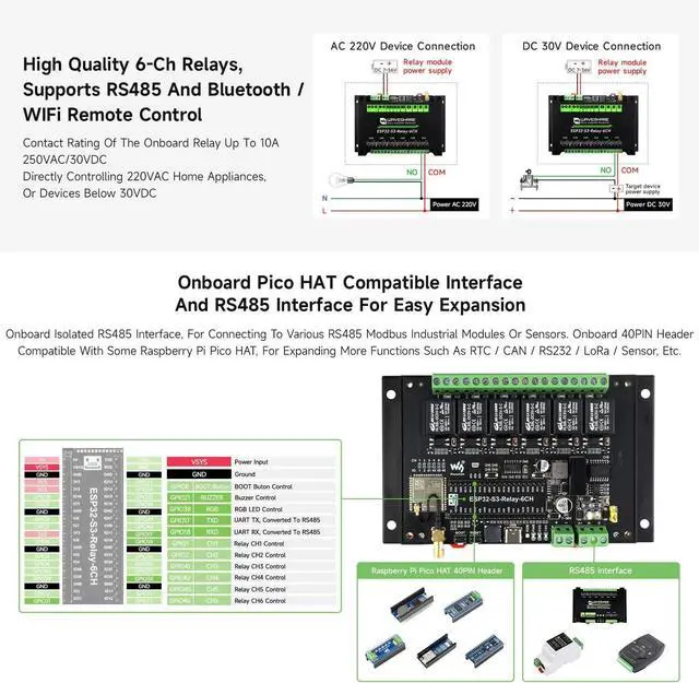 Alt view image 6 of 7 - Waveshare Industrial 6-Channel ESP32-S3 WiFi Relay Module, Supports WiFi/Bluetooth/RS485 Control, Onboard RS485 / Pico HAT Interfaces, with Multiple Isolation Protection Circuits