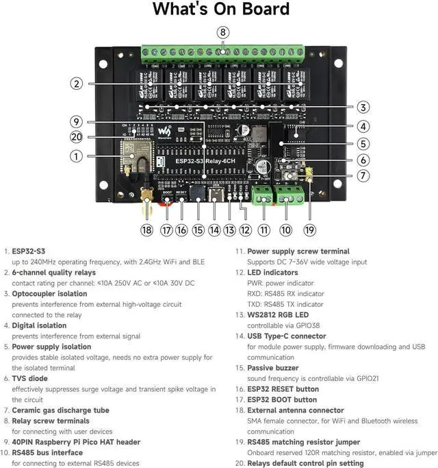 Alt view image 7 of 7 - Waveshare Industrial 6-Channel ESP32-S3 WiFi Relay Module, Supports WiFi/Bluetooth/RS485 Control, Onboard RS485 / Pico HAT Interfaces, with Multiple Isolation Protection Circuits