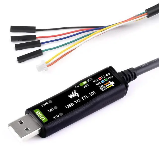 Main image of waveshare Industrial USB to TTL (D) Serial Cable, Compatible with Raspberry Pi 5, Original FT232RNL Chip, Multi Protection Circuits, with Separated 4pin Header + SH1.0 3PIN Connector