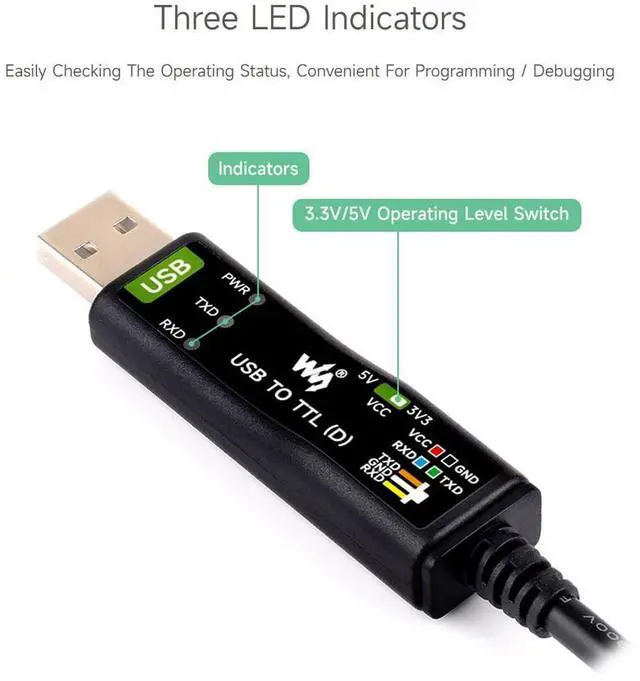 Alt view image 7 of 7 - waveshare Industrial USB to TTL (D) Serial Cable, Compatible with Raspberry Pi 5, Original FT232RNL Chip, Multi Protection Circuits, with Separated 4pin Header + SH1.0 3PIN Connector