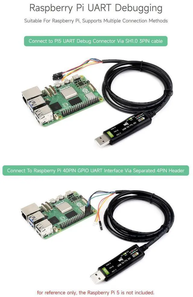 Alt view image 6 of 7 - waveshare Industrial USB to TTL (D) Serial Cable, Compatible with Raspberry Pi 5, Original FT232RNL Chip, Multi Protection Circuits, with Separated 4pin Header + SH1.0 3PIN Connector