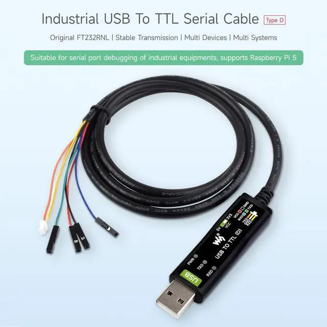 Alt view image 3 of 7 - waveshare Industrial USB to TTL (D) Serial Cable, Compatible with Raspberry Pi 5, Original FT232RNL Chip, Multi Protection Circuits, with Separated 4pin Header + SH1.0 3PIN Connector