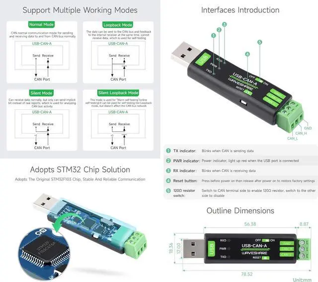 Alt view image 6 of 7 - Waveshare USB to CAN Adapter Model A, STM32 Chip Solution, Multiple Working Modes, Multi-System Compatible