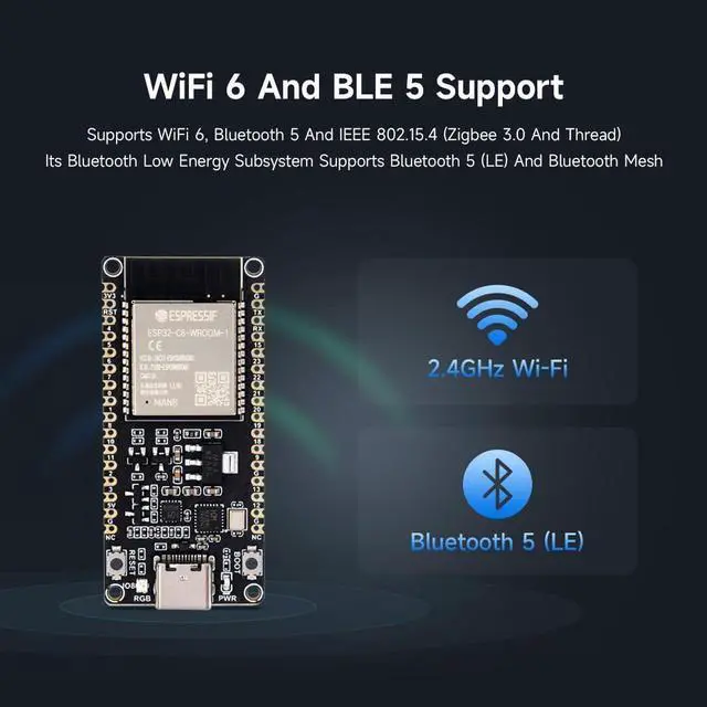 Alt view image 5 of 7 - ESP32-C6 Microcontroller, WiFi 6 Development Board, 160MHz Single-Core Processor, ESP32-C6-WROOM-1-N8 Module, Supports USB and UART Development with Pre-soldered Header