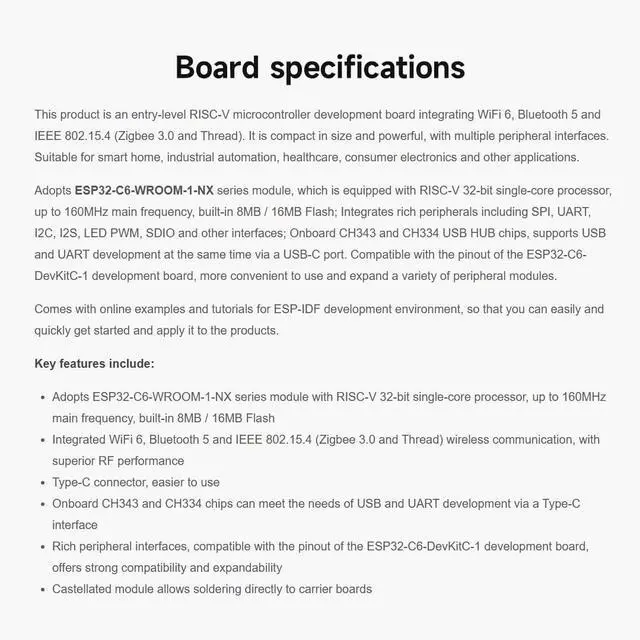 Alt view image 4 of 7 - ESP32-C6 Microcontroller, WiFi 6 Development Board, 160MHz Single-Core Processor, ESP32-C6-WROOM-1-N8 Module, Supports USB and UART Development with Pre-soldered Header