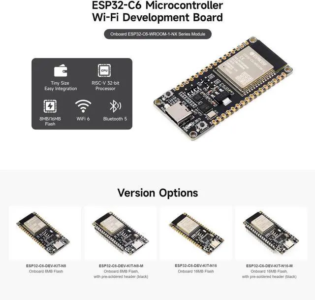 Alt view image 3 of 7 - ESP32-C6 Microcontroller, WiFi 6 Development Board, 160MHz Single-Core Processor, ESP32-C6-WROOM-1-N8 Module, Supports USB and UART Development with Pre-soldered Header
