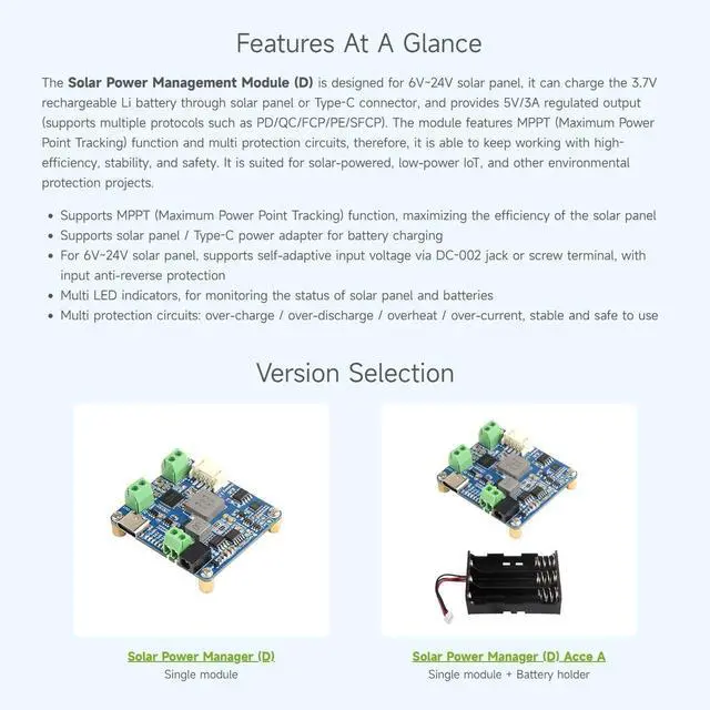 Alt view image 4 of 7 - Waveshare Solar Power Manager Module (D), Solar Charge Controller USB, Supports 6V~24V Solar Panel and Type-C Power Adapter, 5V/3A Regulated Output, with Battery Holder (Batteries are Not Included)