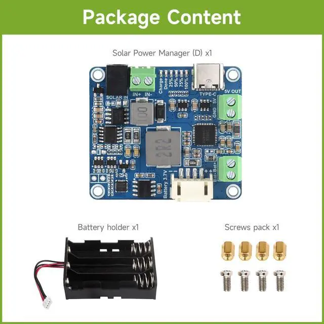 Alt view image 2 of 7 - Waveshare Solar Power Manager Module (D), Solar Charge Controller USB, Supports 6V~24V Solar Panel and Type-C Power Adapter, 5V/3A Regulated Output, with Battery Holder (Batteries are Not Included)