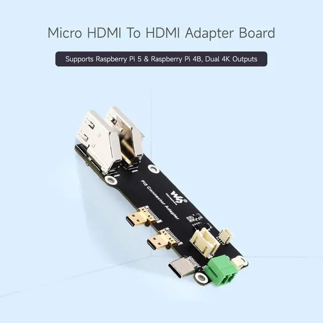 Alt view image 4 of 7 - Waveshare Micro HDMI to HDMI Multifunctional Adapter, Compatible with Raspberry Pi 5/4B, Dual 4K Outputs, Power Via Type-C Port or Screw Terminal