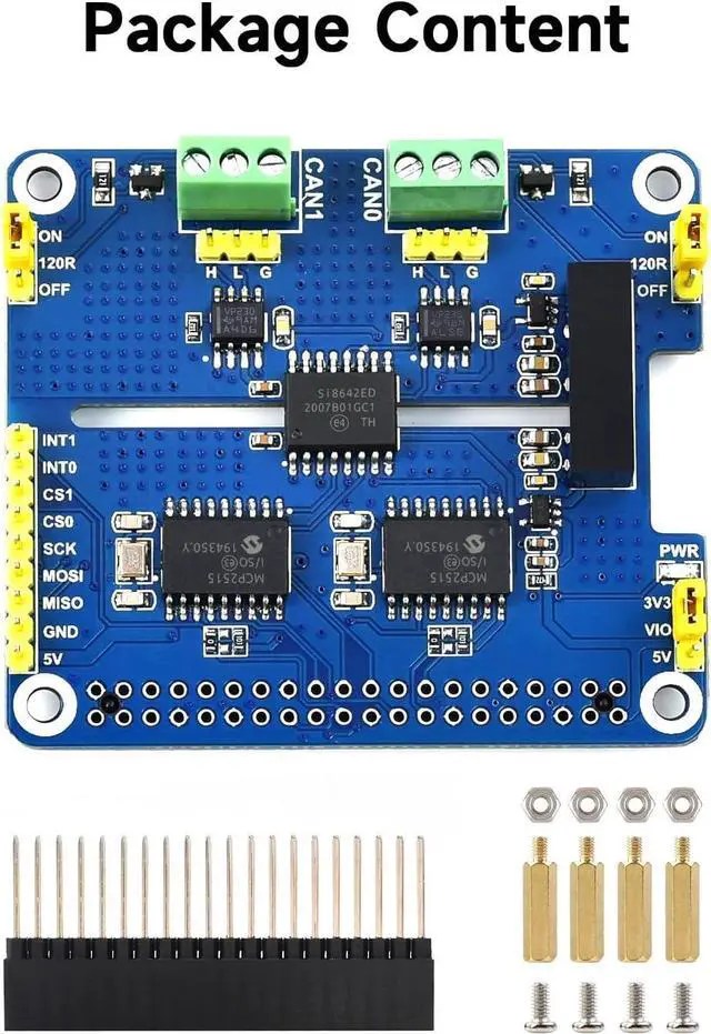 Alt view image 2 of 7 - Waveshare 2-Channel Isolated CAN Bus Expansion HAT, Compatible with Raspberry Pi 5/4B/3B/Zero/Zero W/Zero 2W/Pico/Pico W/Pico WH,MCP2515 + SN65HVD230 Dual Chips Solution, Multi Protection Circuits