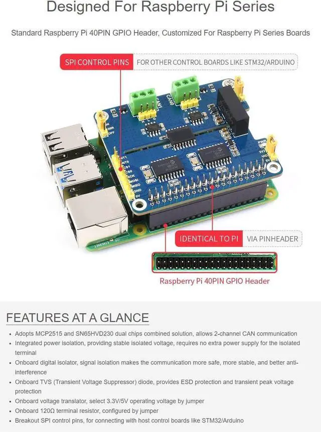 Alt view image 4 of 7 - Waveshare 2-Channel Isolated CAN Bus Expansion HAT, Compatible with Raspberry Pi 5/4B/3B/Zero/Zero W/Zero 2W/Pico/Pico W/Pico WH,MCP2515 + SN65HVD230 Dual Chips Solution, Multi Protection Circuits