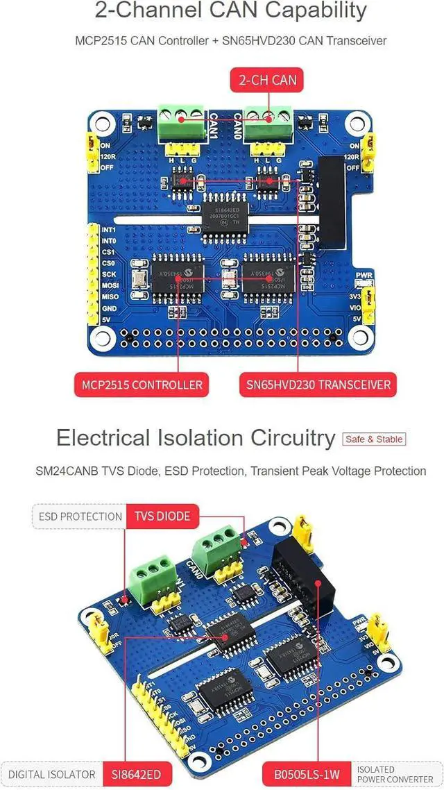 Alt view image 5 of 7 - Waveshare 2-Channel Isolated CAN Bus Expansion HAT, Compatible with Raspberry Pi 5/4B/3B/Zero/Zero W/Zero 2W/Pico/Pico W/Pico WH,MCP2515 + SN65HVD230 Dual Chips Solution, Multi Protection Circuits