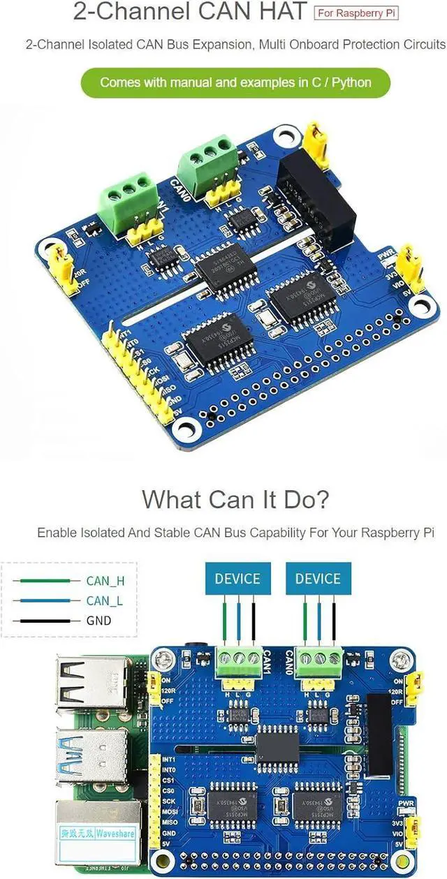 Alt view image 3 of 7 - Waveshare 2-Channel Isolated CAN Bus Expansion HAT, Compatible with Raspberry Pi 5/4B/3B/Zero/Zero W/Zero 2W/Pico/Pico W/Pico WH,MCP2515 + SN65HVD230 Dual Chips Solution, Multi Protection Circuits