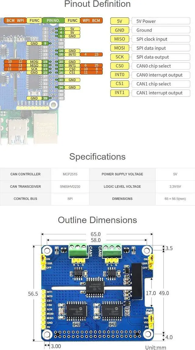 Alt view image 7 of 7 - Waveshare 2-Channel Isolated CAN Bus Expansion HAT, Compatible with Raspberry Pi 5/4B/3B/Zero/Zero W/Zero 2W/Pico/Pico W/Pico WH,MCP2515 + SN65HVD230 Dual Chips Solution, Multi Protection Circuits