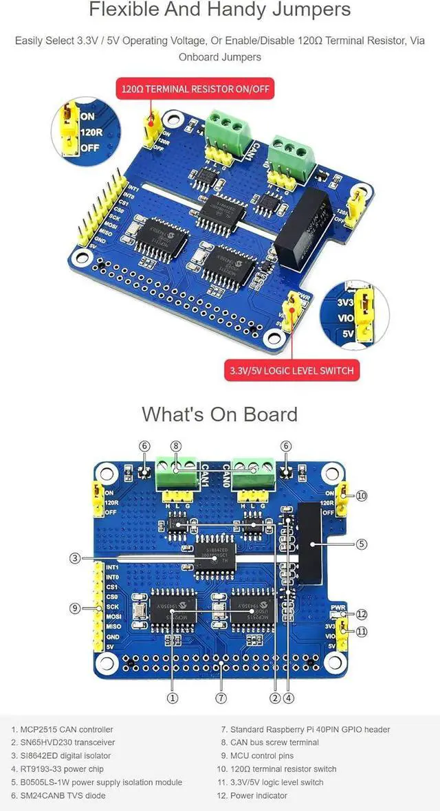 Alt view image 6 of 7 - Waveshare 2-Channel Isolated CAN Bus Expansion HAT, Compatible with Raspberry Pi 5/4B/3B/Zero/Zero W/Zero 2W/Pico/Pico W/Pico WH,MCP2515 + SN65HVD230 Dual Chips Solution, Multi Protection Circuits