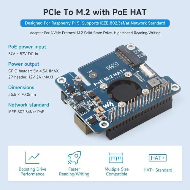 Alt view image 3 of 7 - Waveshare NVME PCIe to M.2 Adapter with PoE Function for RPI, Compatible with Raspberry Pi 5, Supports NVMe Protocol M.2 Solid State Drive 2230/2242, Supports 802.3af/at, with Cooling Fan