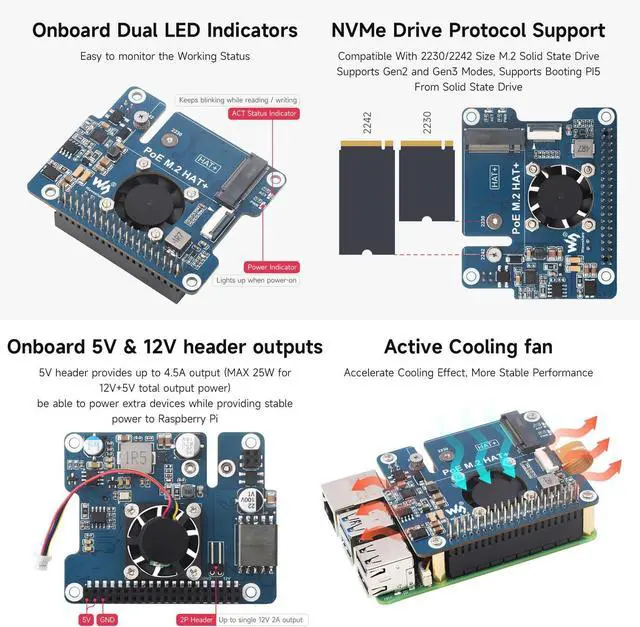 Alt view image 5 of 7 - Waveshare NVME PCIe to M.2 Adapter with PoE Function for RPI, Compatible with Raspberry Pi 5, Supports NVMe Protocol M.2 Solid State Drive 2230/2242, Supports 802.3af/at, with Cooling Fan