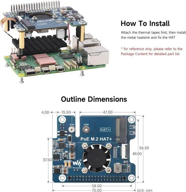Alt view image 7 of 7 - Waveshare NVME PCIe to M.2 Adapter with PoE Function for RPI, Compatible with Raspberry Pi 5, Supports NVMe Protocol M.2 Solid State Drive 2230/2242, Supports 802.3af/at, with Cooling Fan