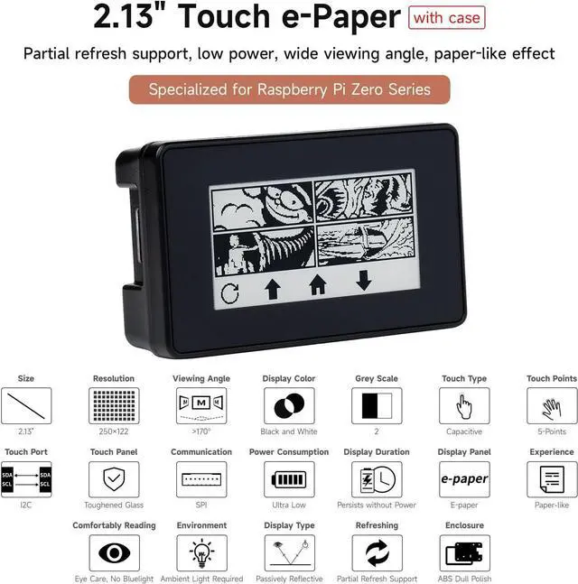 Alt view image 3 of 7 - Waveshare 2.13inch Touch E-Paper E-Ink Display HAT Compatible with Raspberry Pi Zero/Zero W 250×122 Pixels with ABS Protection Case Supports Partial Refresh